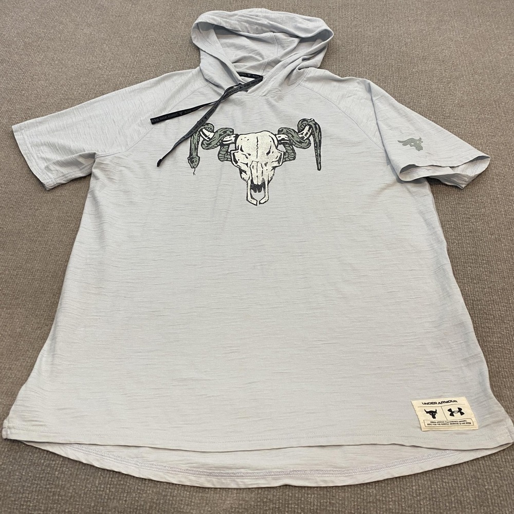 Under Armour Project Rock Shirt Mens Large Gray Hooded Short Sleeve Bull Graphic